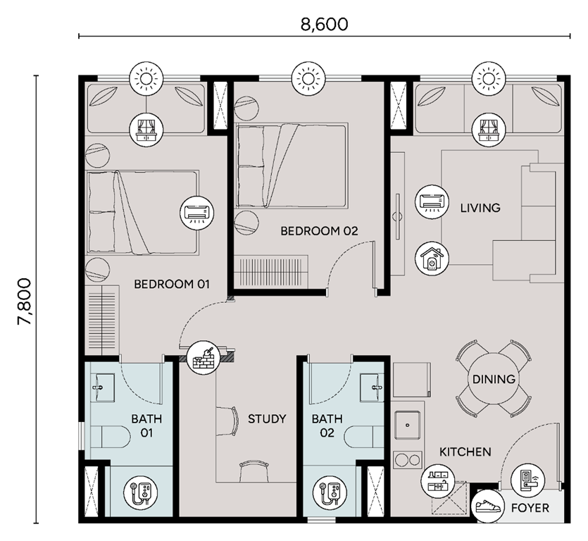 Type B2 · 2 bedrooms + study · 2 bathrooms